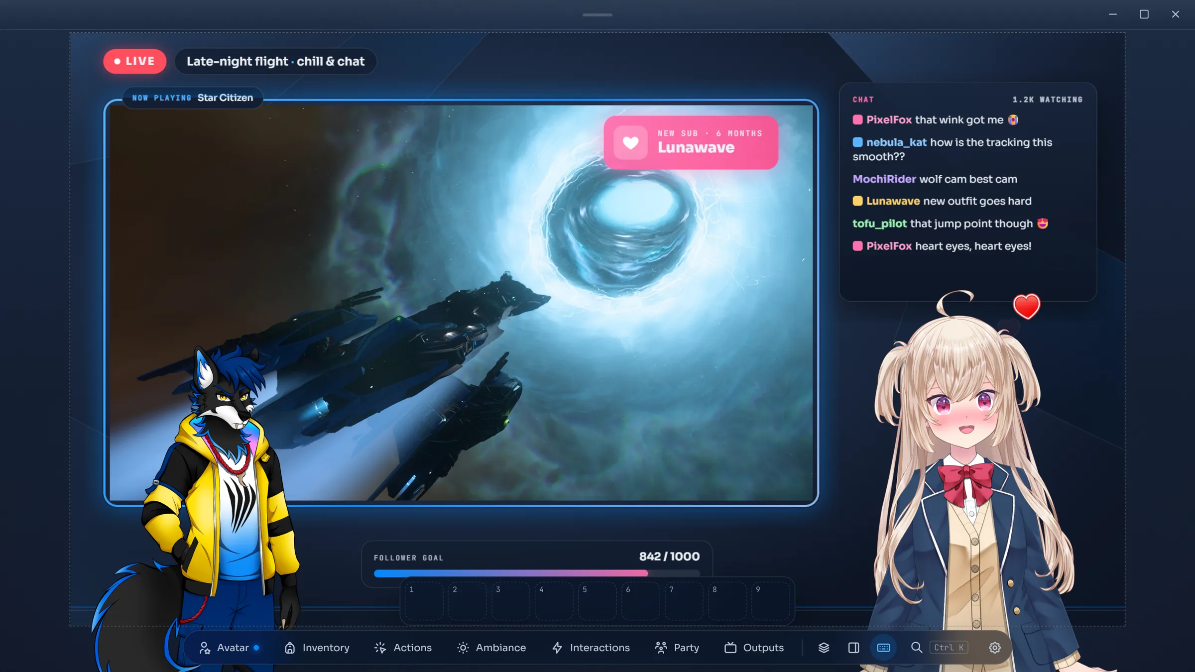VTrix : une scène de stream avec Trixie, un personnage loup, du gameplay Star Citizen, le chat et les alertes