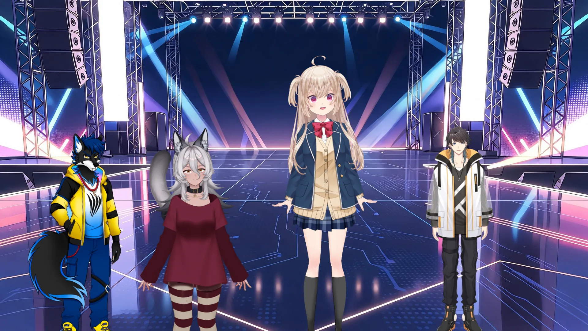 Trixie, Thalia, Ren et un personnage loup sur la même scène